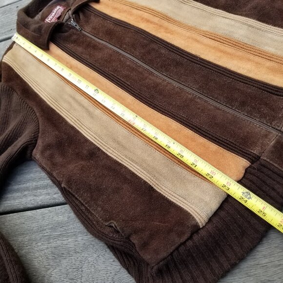 Vintage 70s Suede Leather Sweater Jacket Mens Medium Brown Orange Retro Stripe - Picture 4 of 15